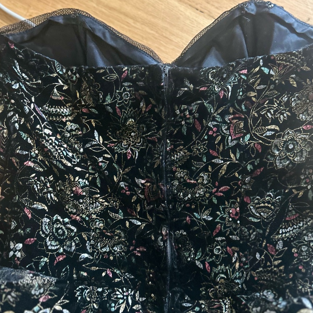 Strapless Black Floral Embroidered Peplum Dress - Picture 9 of 16